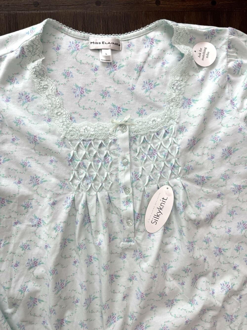 Miss Elaine Silkyknit Nightgown Womens Large Mint Watercolor Floral Short Sleeve